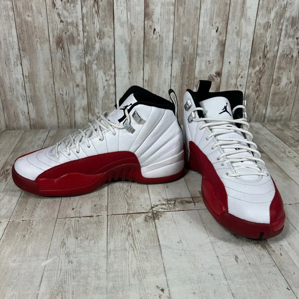 Jordan 12 Retro Cherry White Red Black Kids Sneakers 153265-116 Size 5.5Y